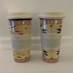 SOLD Set of 2 Temptations By Tara Old World Confetti Travel Mug Lid 12oz Ceramic